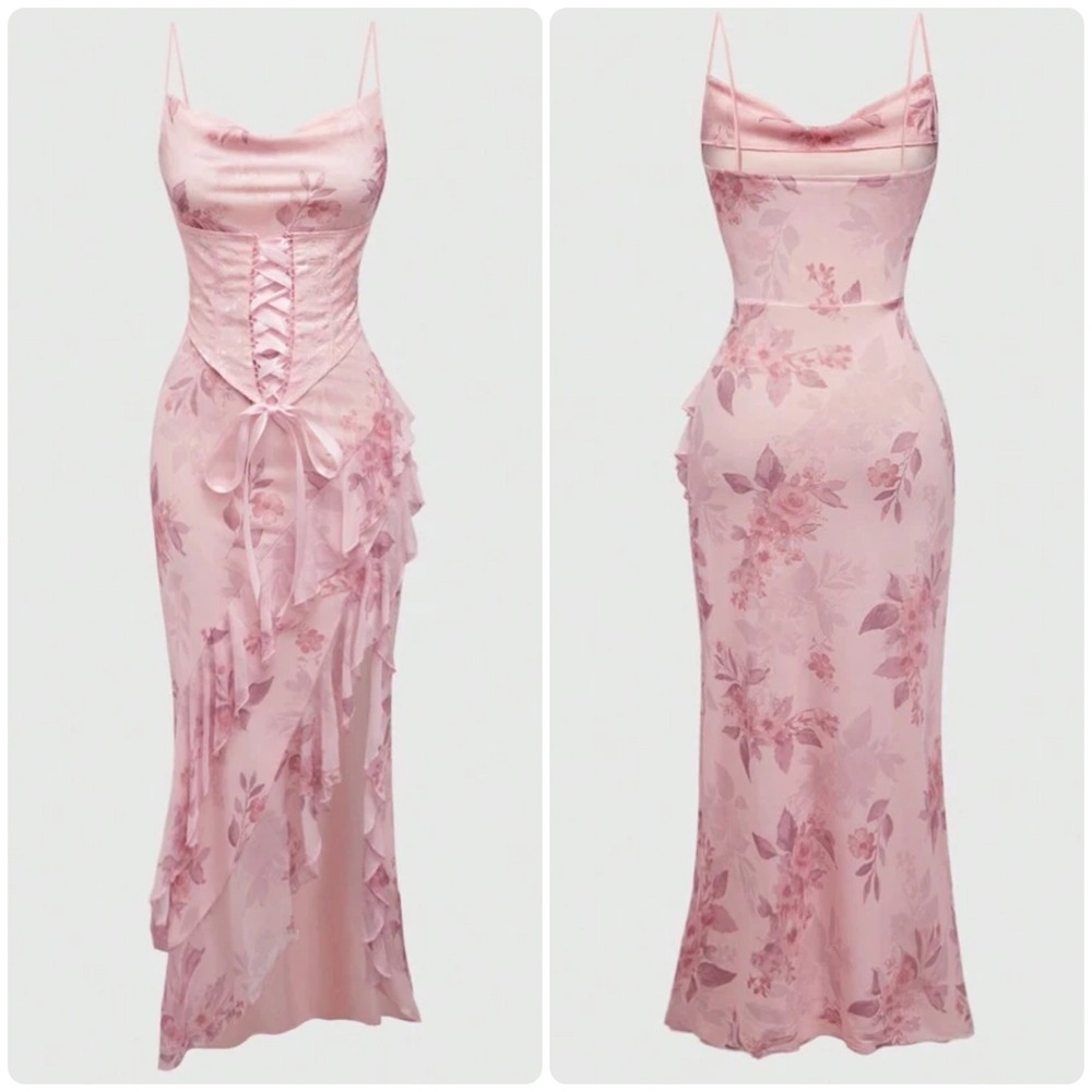 Womens Pink Pastel Floral Lace-up Corset Ruffle Coquette Fairy Maxi Dress Size S